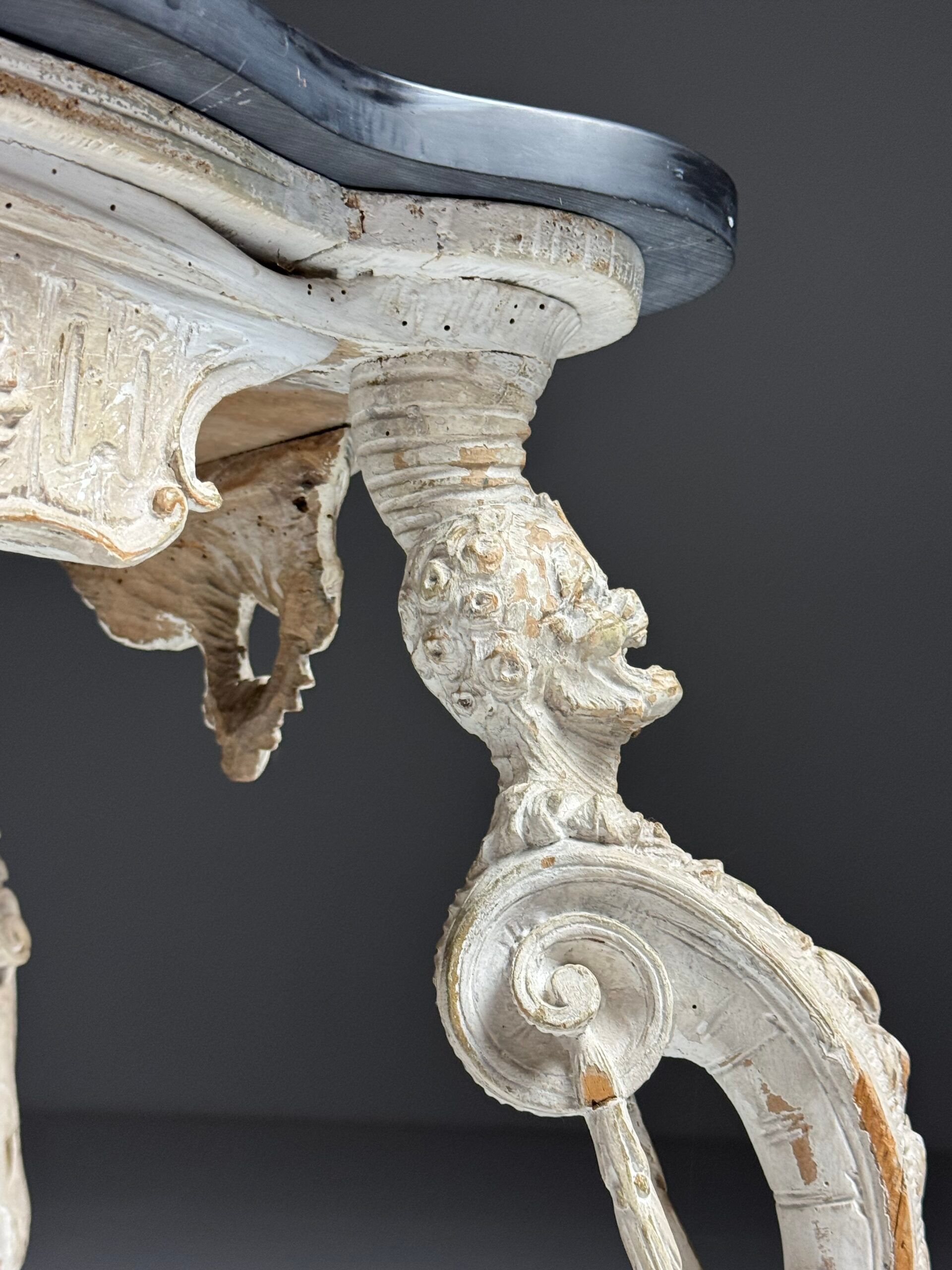 French side table hand-carved wood with marble top