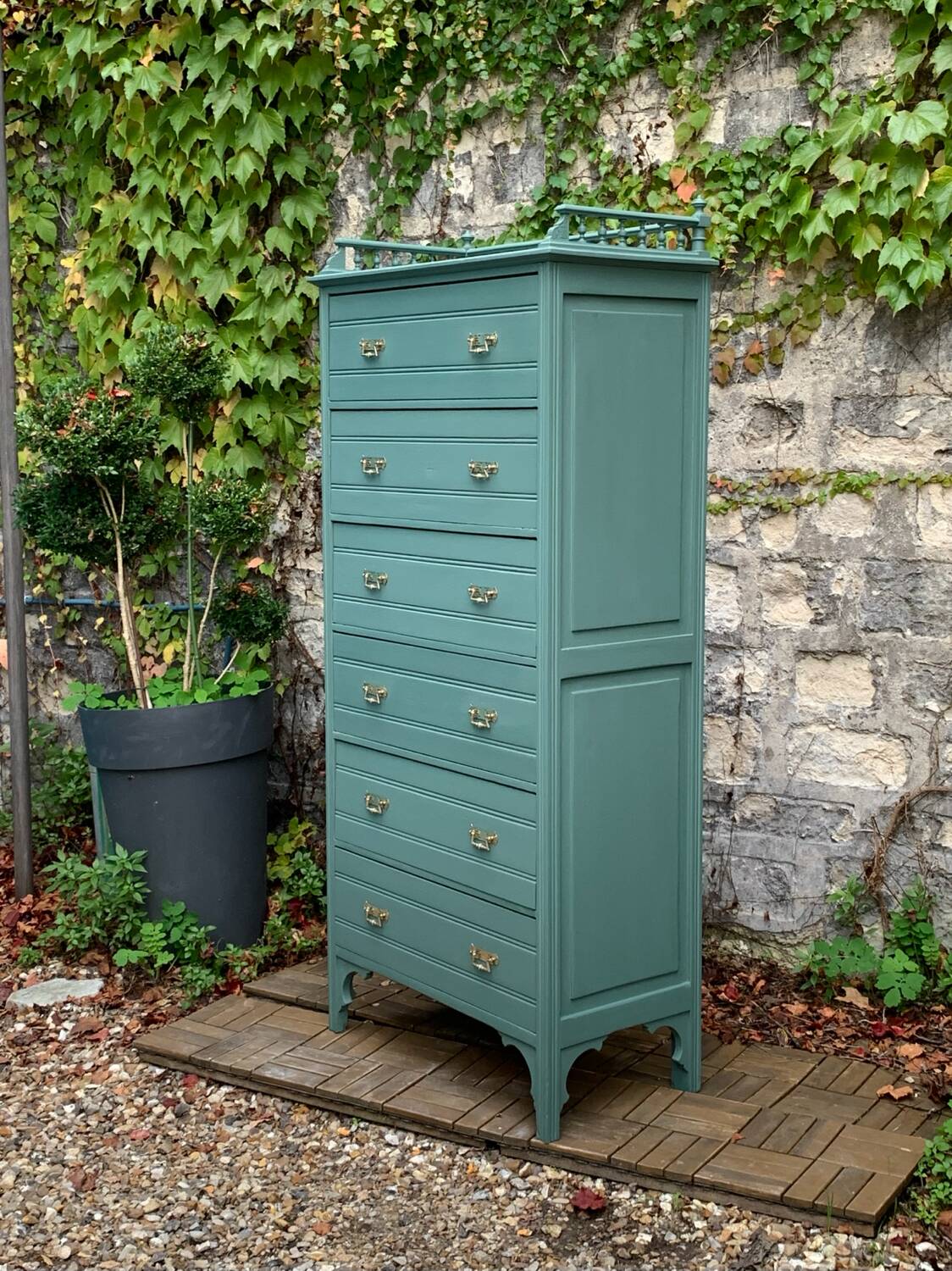Old grey green high chest of drawers H160