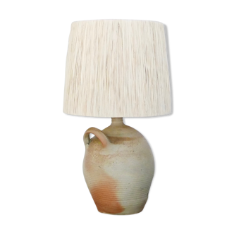 Sandstone lamp, jar with handle, raffia lampshade, 60s