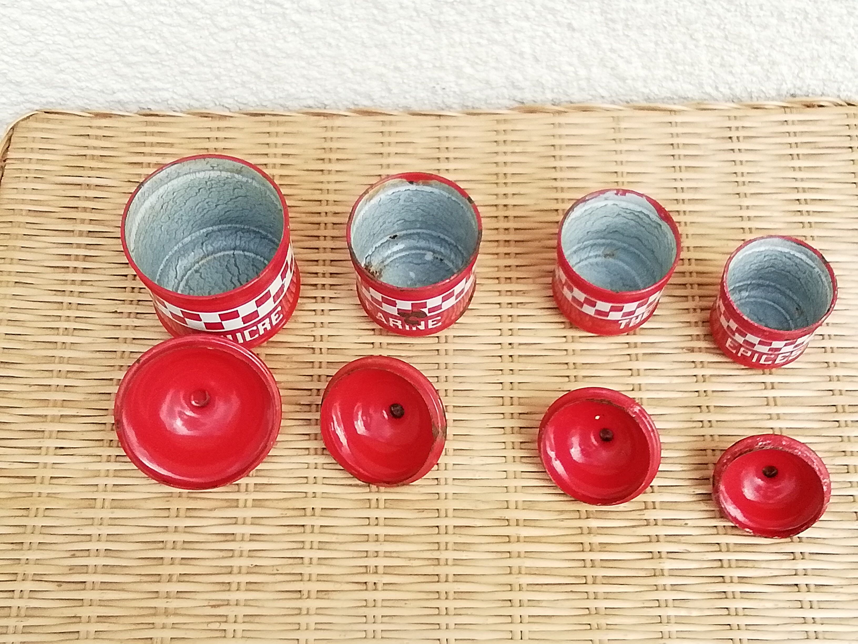 Spice pots enamelled sheet decoration Lustucru red