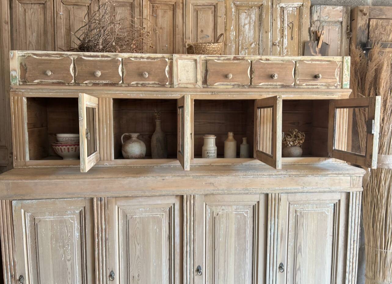 Old wooden grocery store cabinet, display cases and drawers