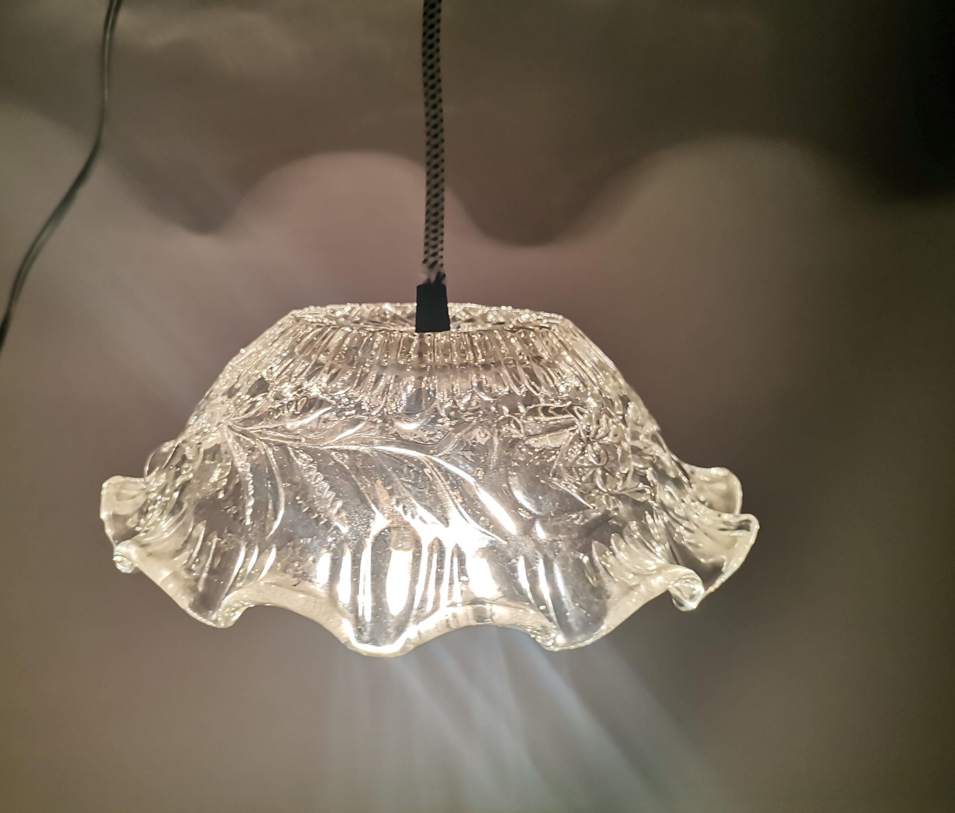 Portuguese farmhouse mid century clear floral glass hanging lamp, 1960s