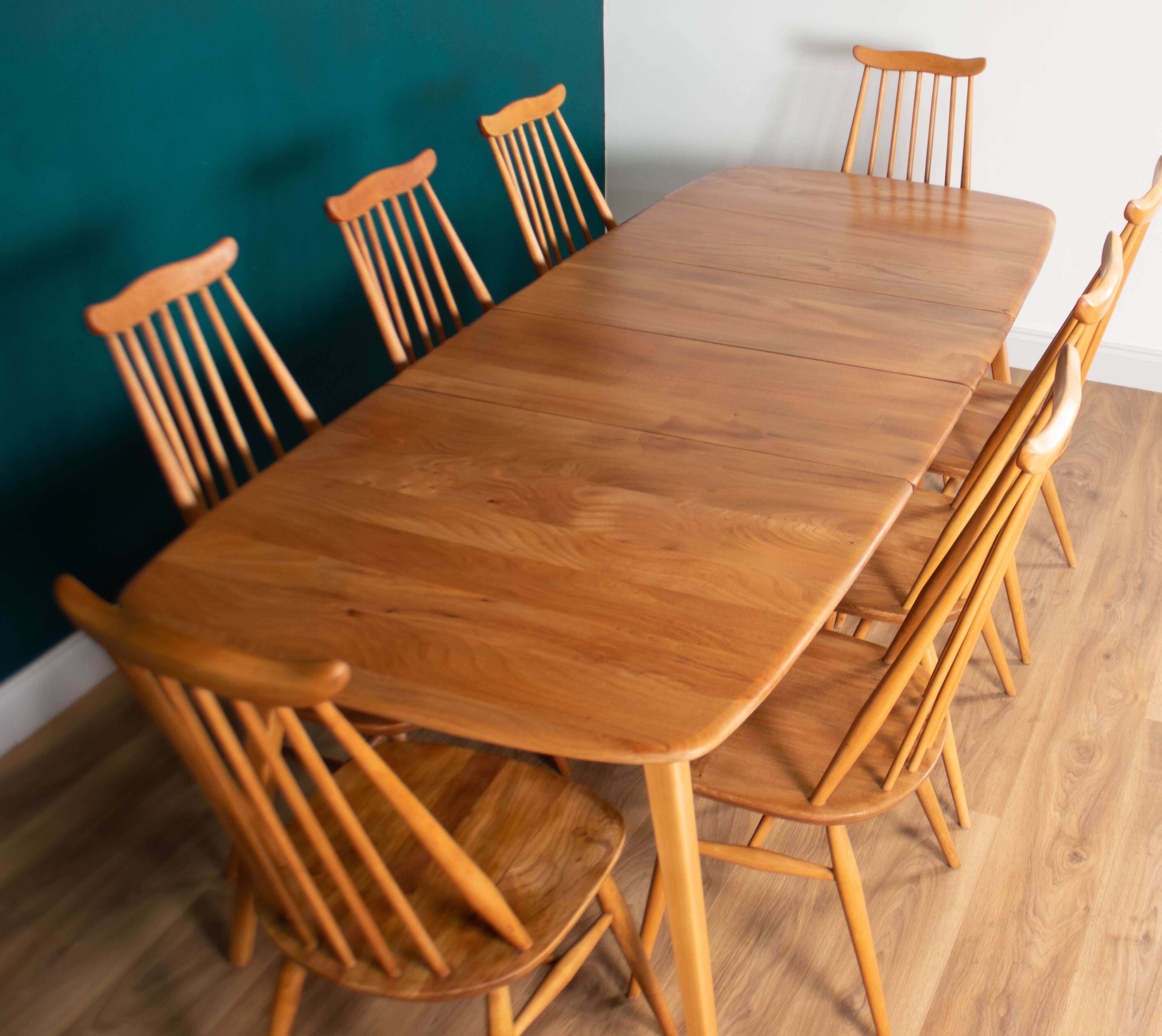 Table de salle à manger rétro en orme blond modèle 444, grande planche et 8 chaises de salle à manger d'orfèvre