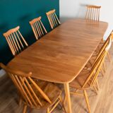 Retro Blonde Elm Model 444 Grand Plank Dining Table & 8 Goldsmith Dining Chairs