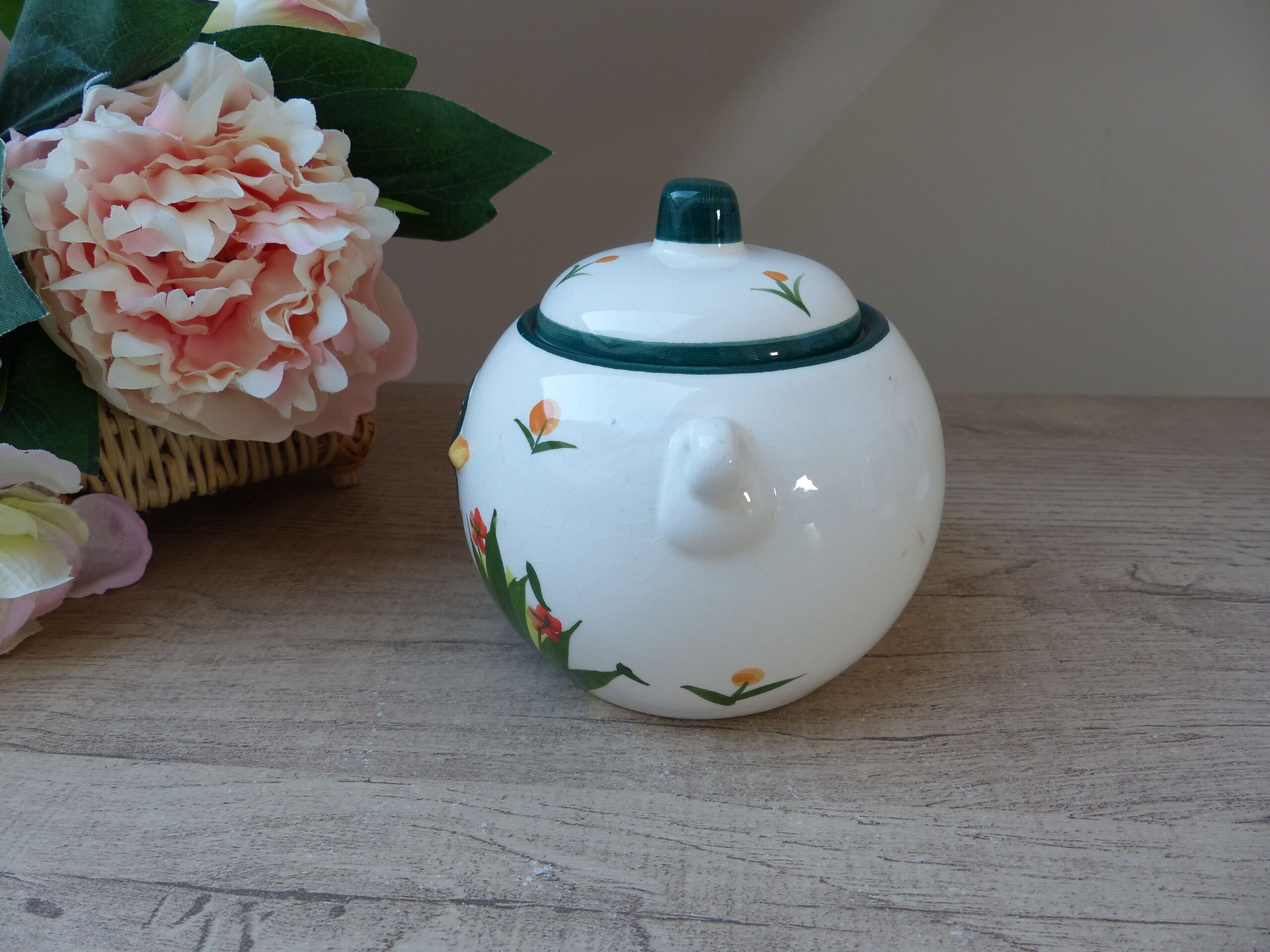 Sugar set and duo mugs, two ceramic cups decoration ducks birds green and yellow painted