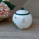 Sugar set and duo mugs, two ceramic cups decoration ducks birds green and yellow painted