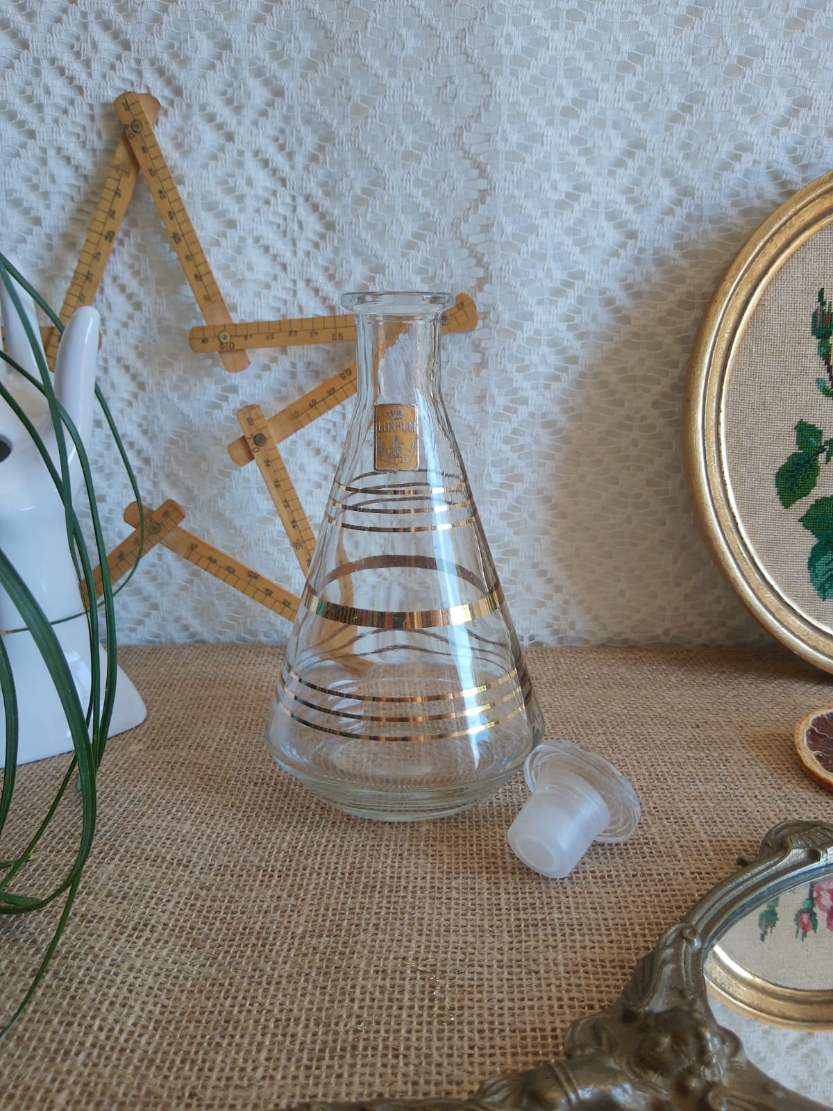 Luxhem glass carafe with vintage gold trim