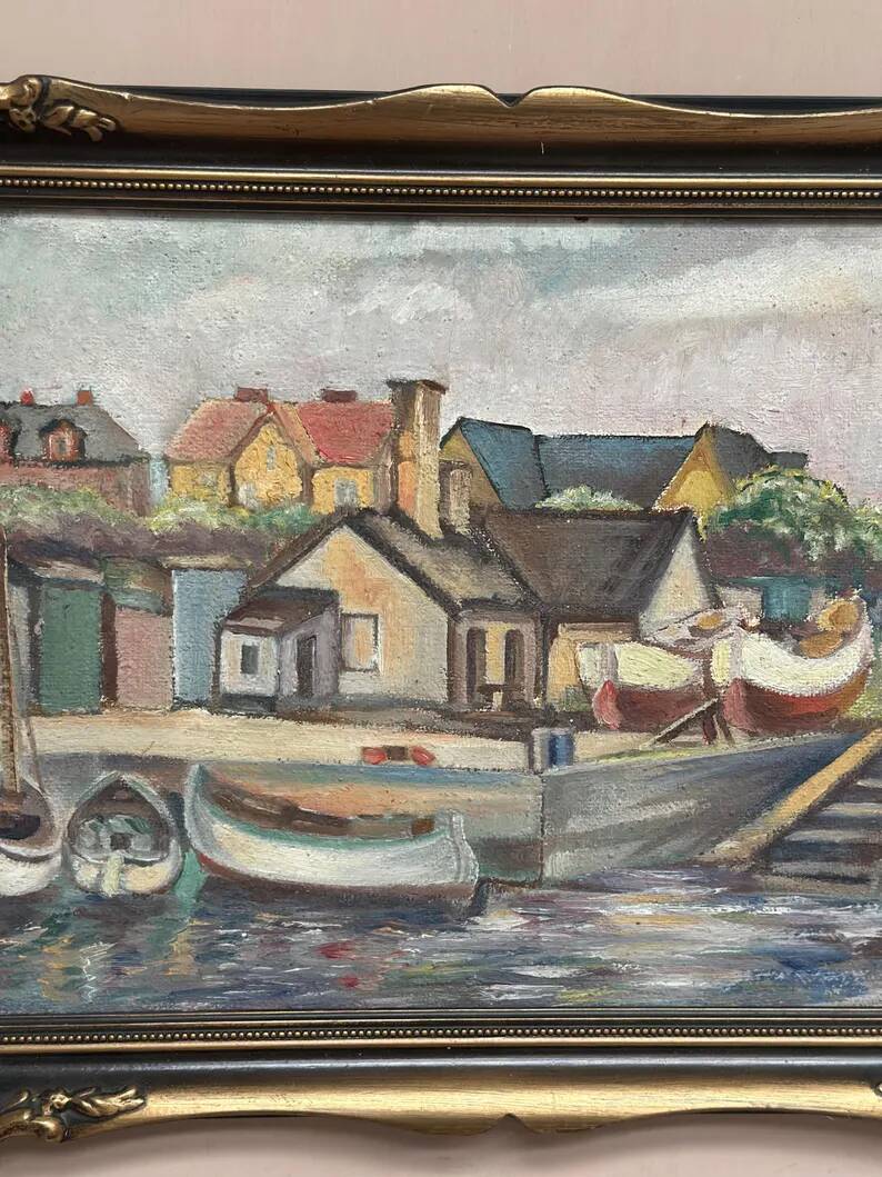 Original Swedish Oil on Panel – “Village and Harbour” by G. Fogler – Signed – Vintage & Framed – 49 × 39 cm (19.2" × 15.3")