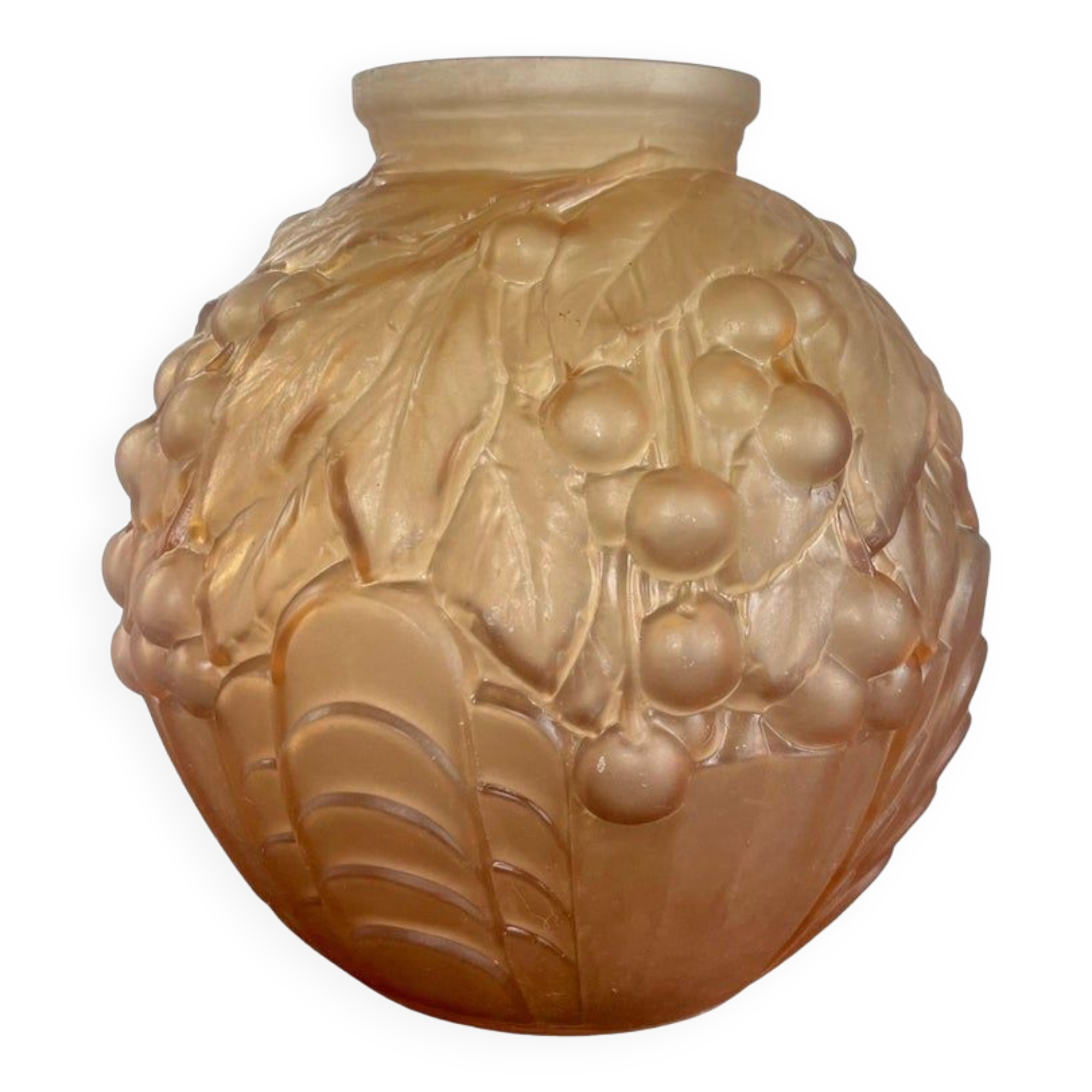 French Art Deco ball vase in orange-pink frosted molded glass - 1930 France