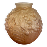 Vase à boules Art Déco français en verre moulé givré rose orangé - 1930 France