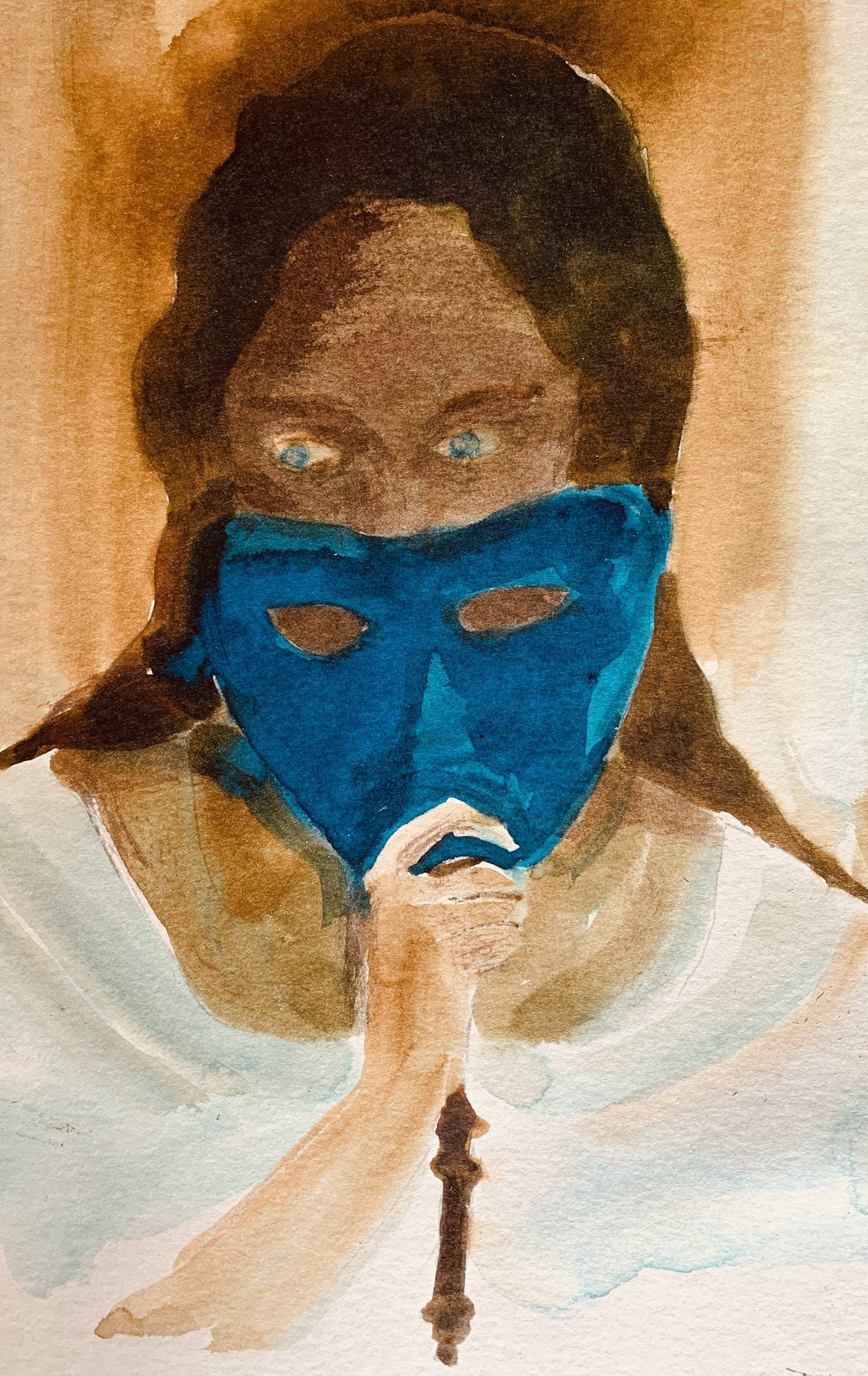 Signed painting of a female portrait at the Carnival of Venice "the blue mask"