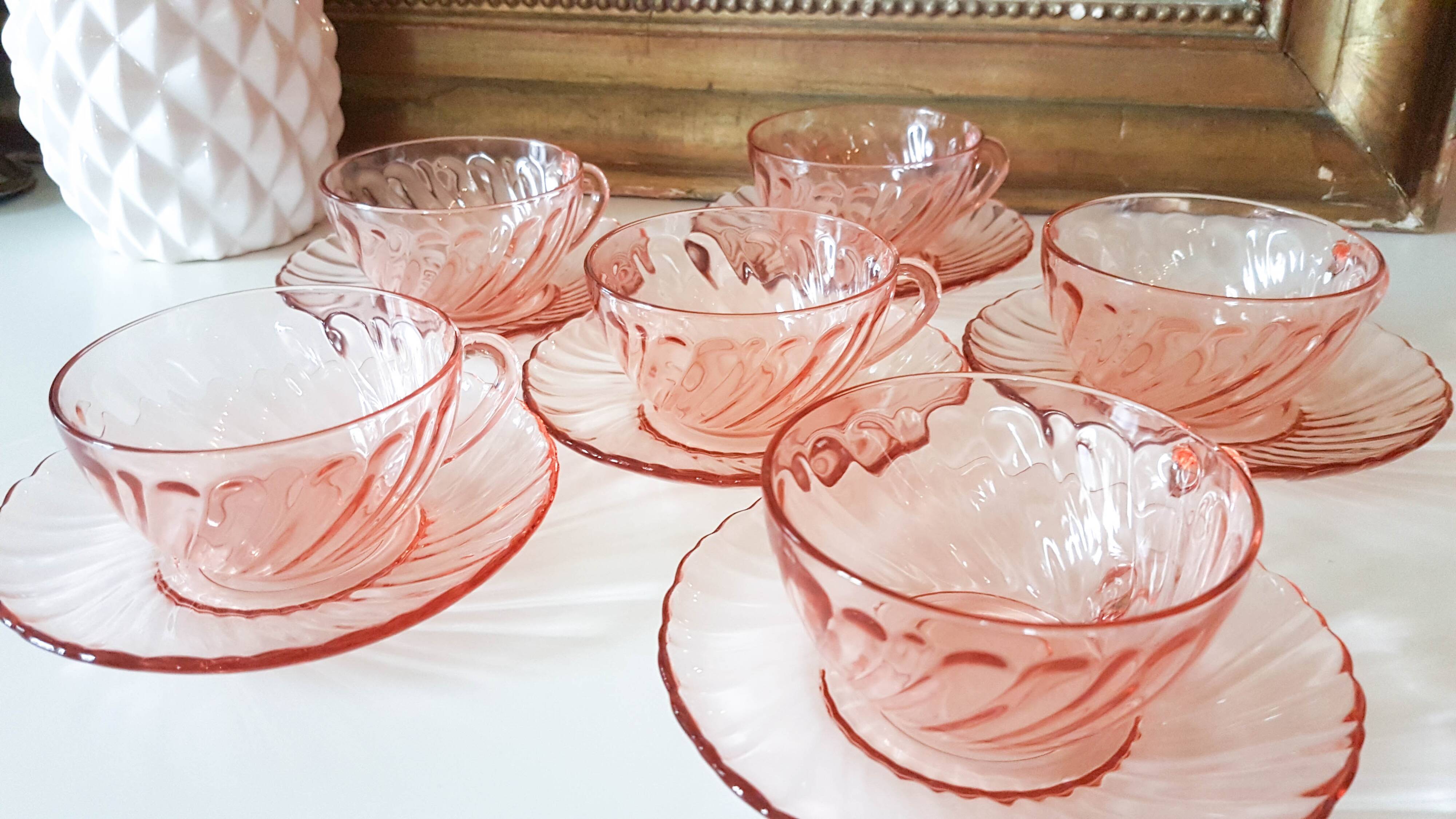6 Rosaline LUMINARC pink glass tea cups and saucers made in France
