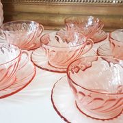 6 Rosaline LUMINARC pink glass tea cups and saucers made in France