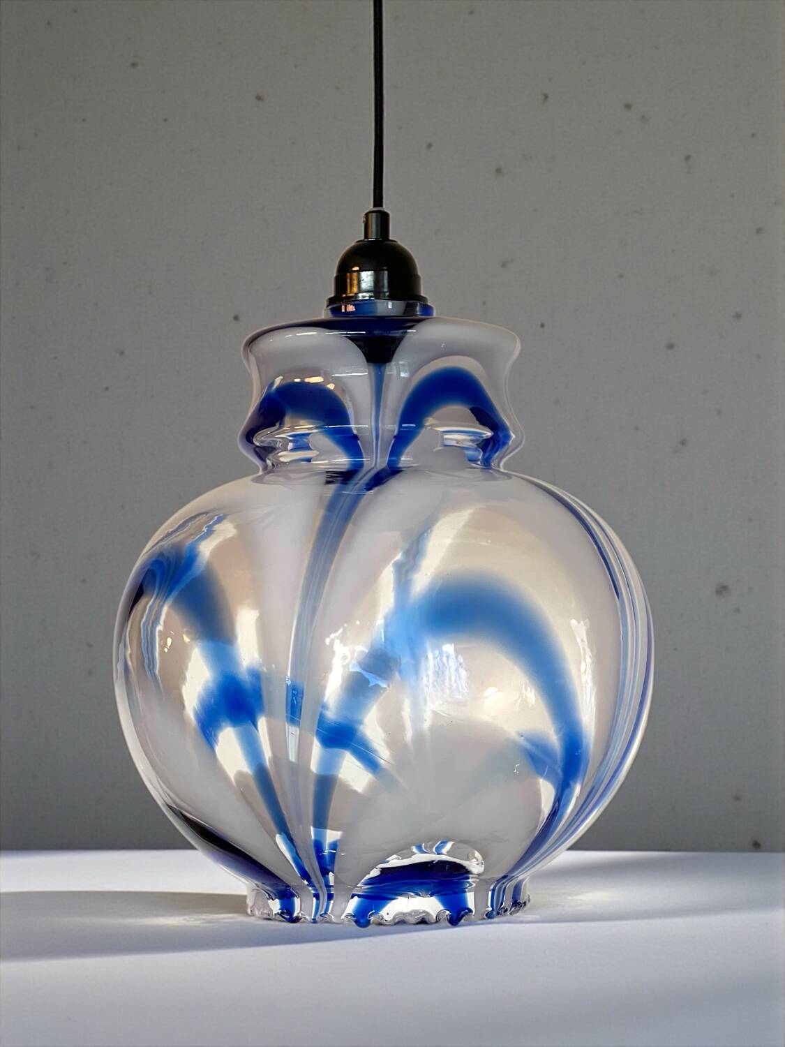 Vintage 1970s Italian Murano suspension in blue ribbed glass.