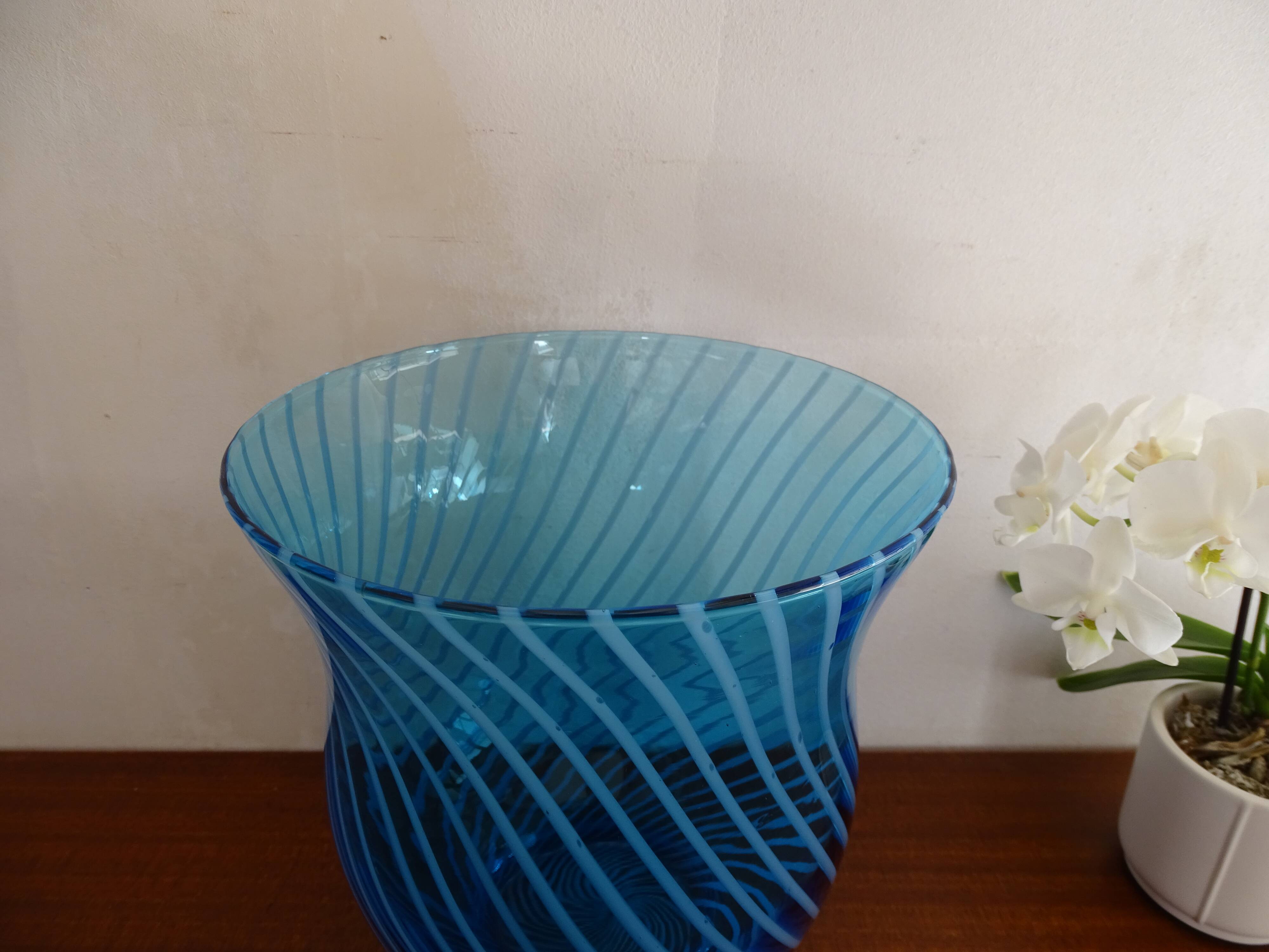 Blue spiral blown glass vase
