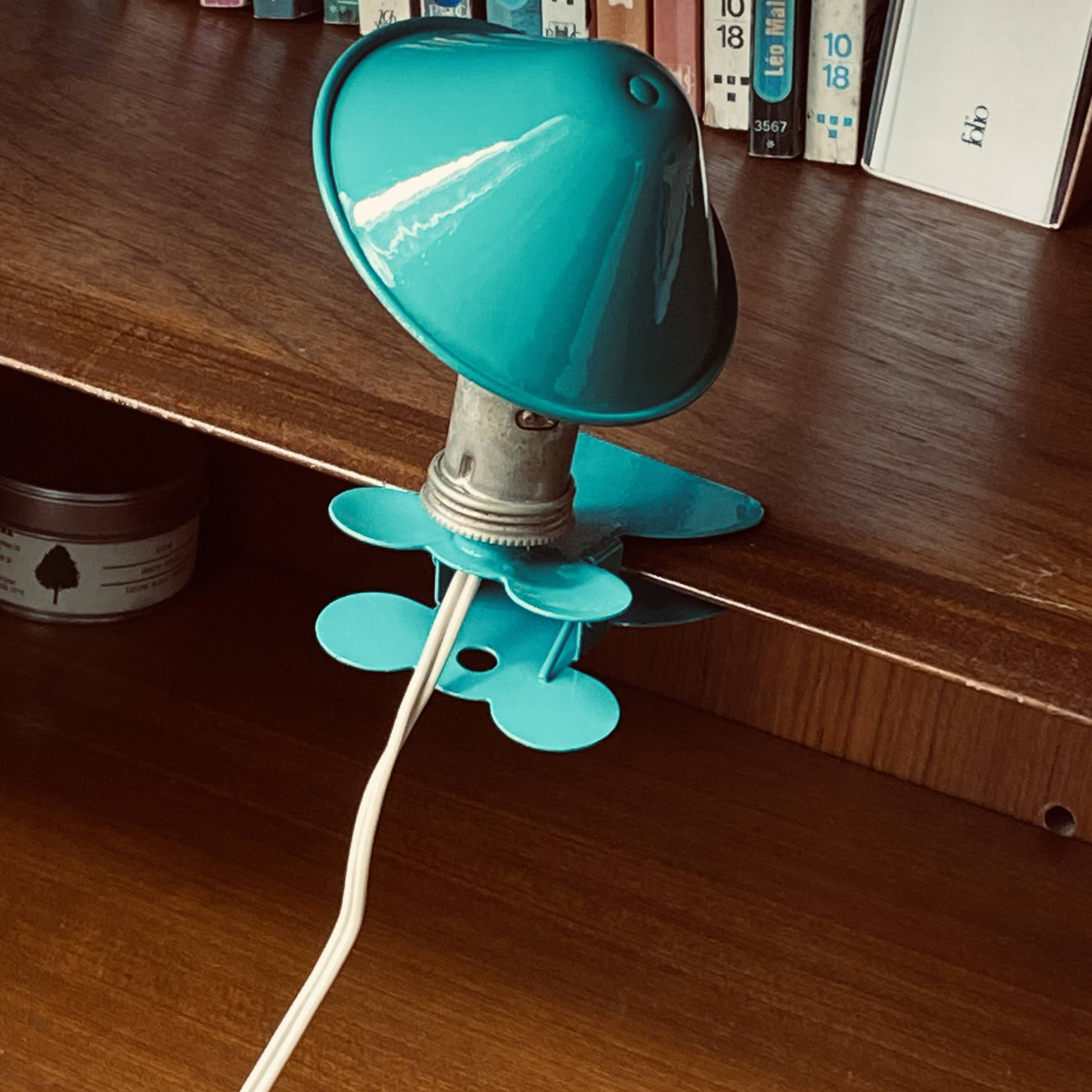 Small blue-green metal mushroom clip lamp vintage night light