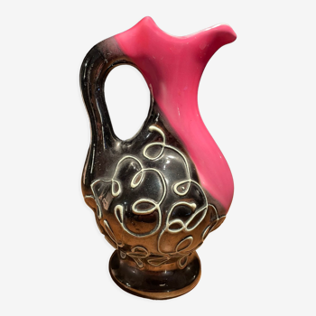 Pretty Vallauris pitcher in black and pink glazed ceramic white reliefs