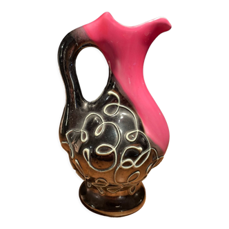 Pretty Vallauris pitcher in black and pink glazed ceramic white reliefs