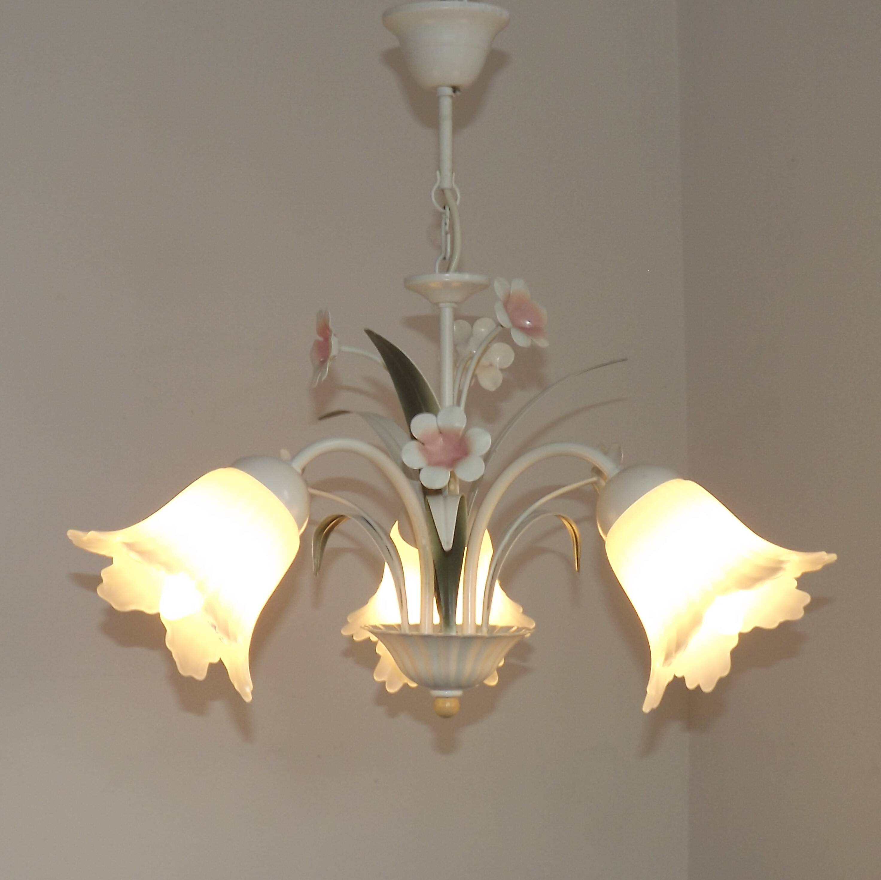Vintage 3-light chandelier in pink and white metal and glass shaped like flowers, France.