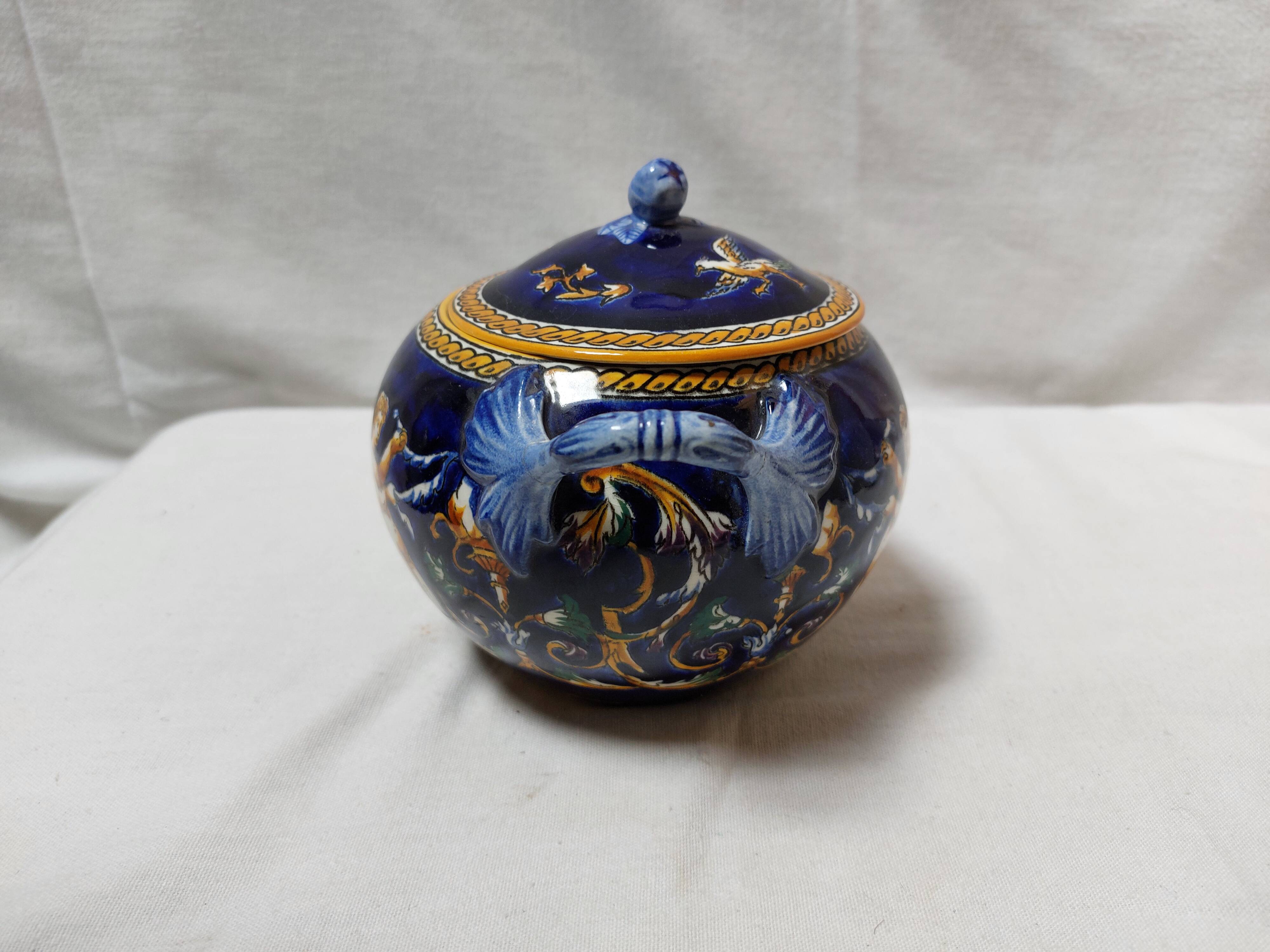 Large Gien blue sugar bowl or candy dish, Renaissance model