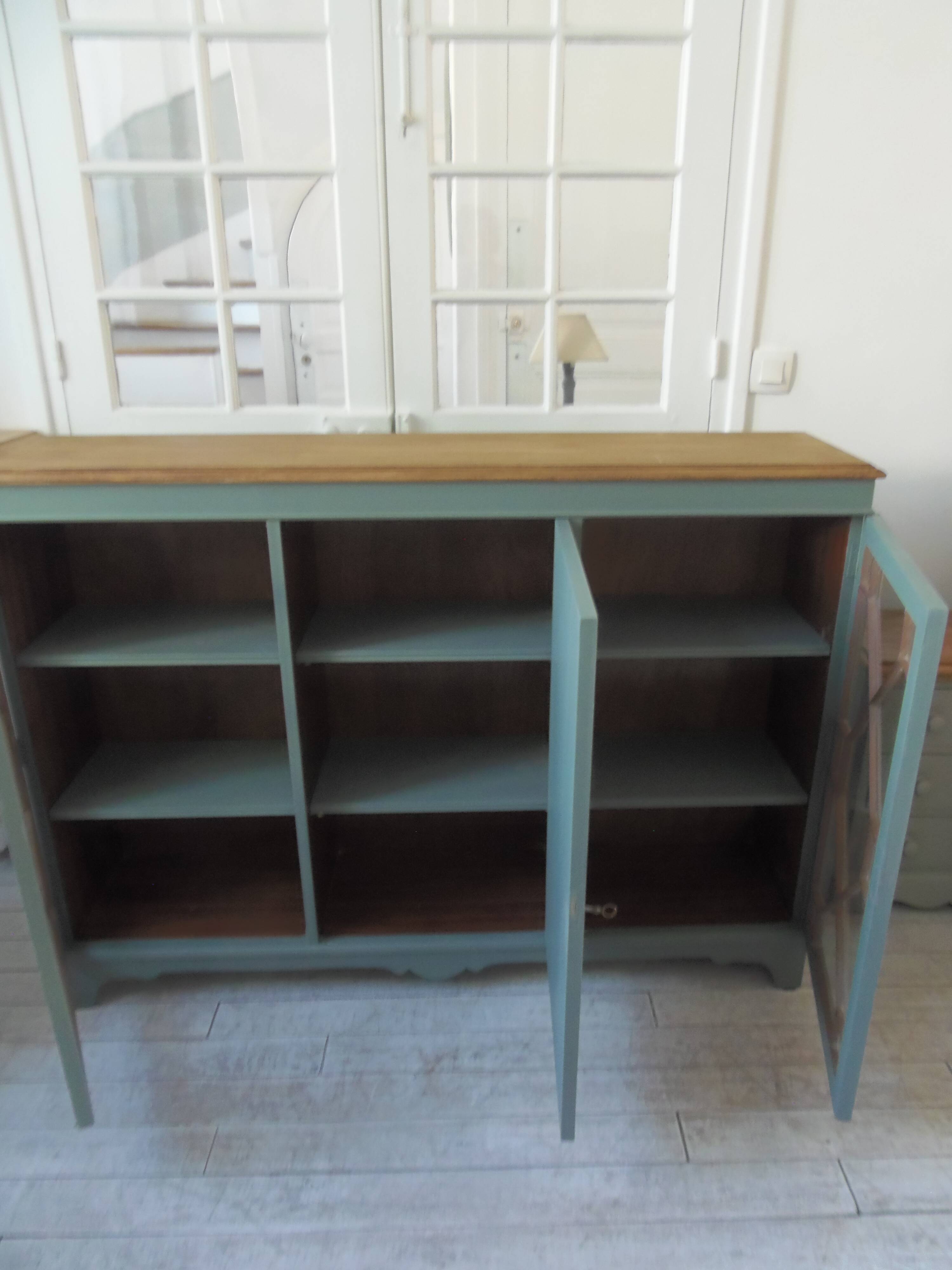 English sideboard, shallow, smoky green, wooden top.
