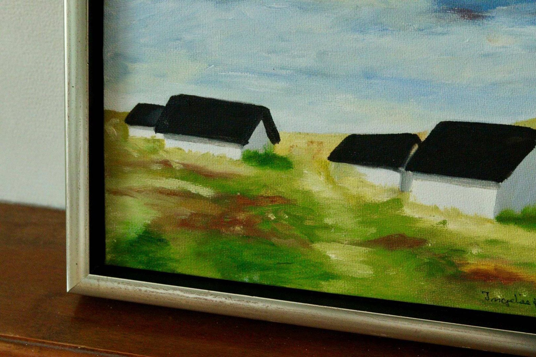 Original Swedish oil on canvas from the mid-century "Houses" - Vintage and framed