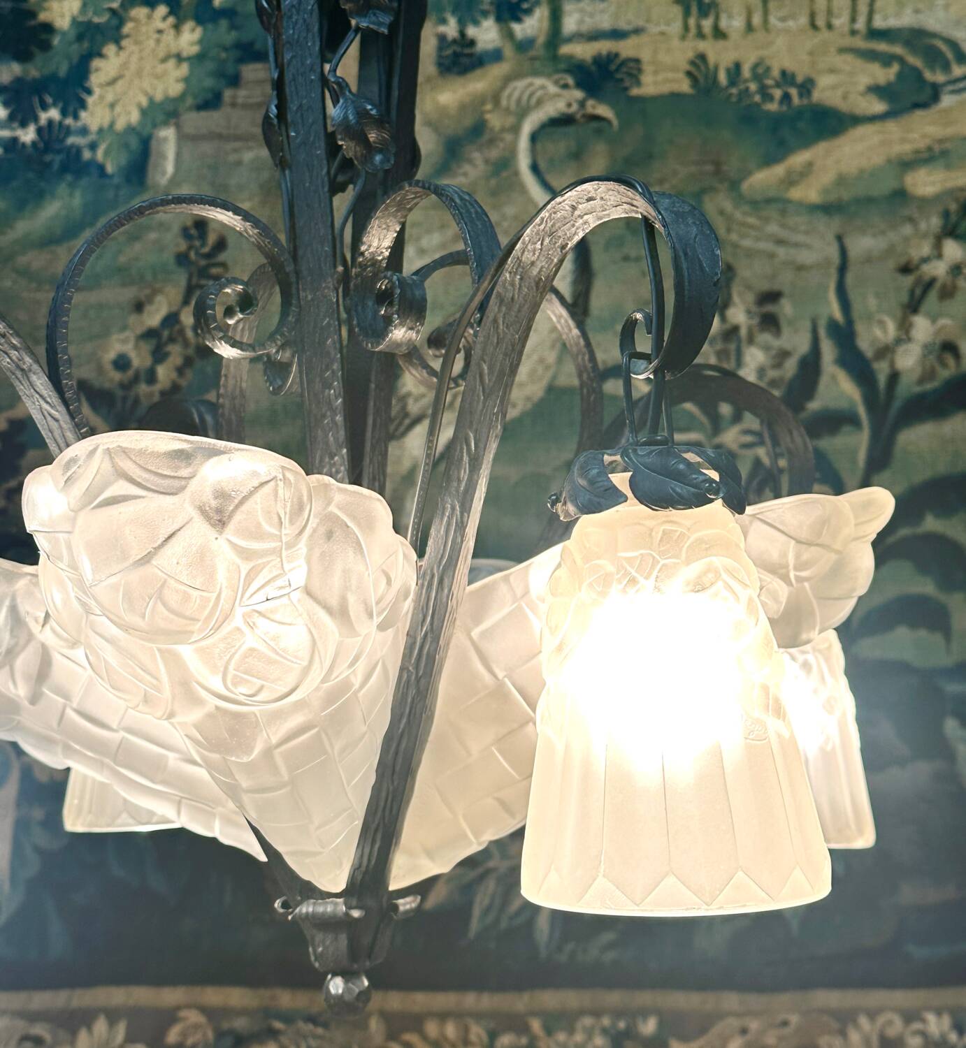 Degué - art deco period molded glass and wrought iron chandelier