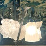 Degué - art deco period molded glass and wrought iron chandelier