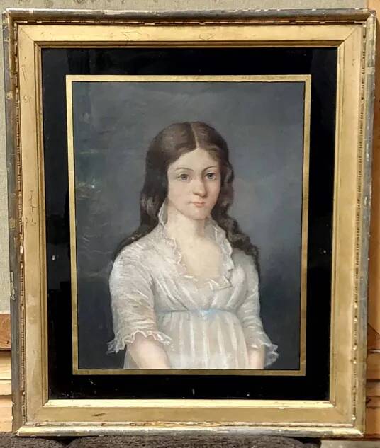 Old pastel portrait on canvas of a young noble, signed and dated 1899 on the back, gilt frame.