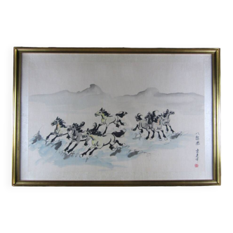 Encre de Chine sur soie « Course de chevaux sauvages »