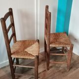 St of 2 raw wood and straw chairs