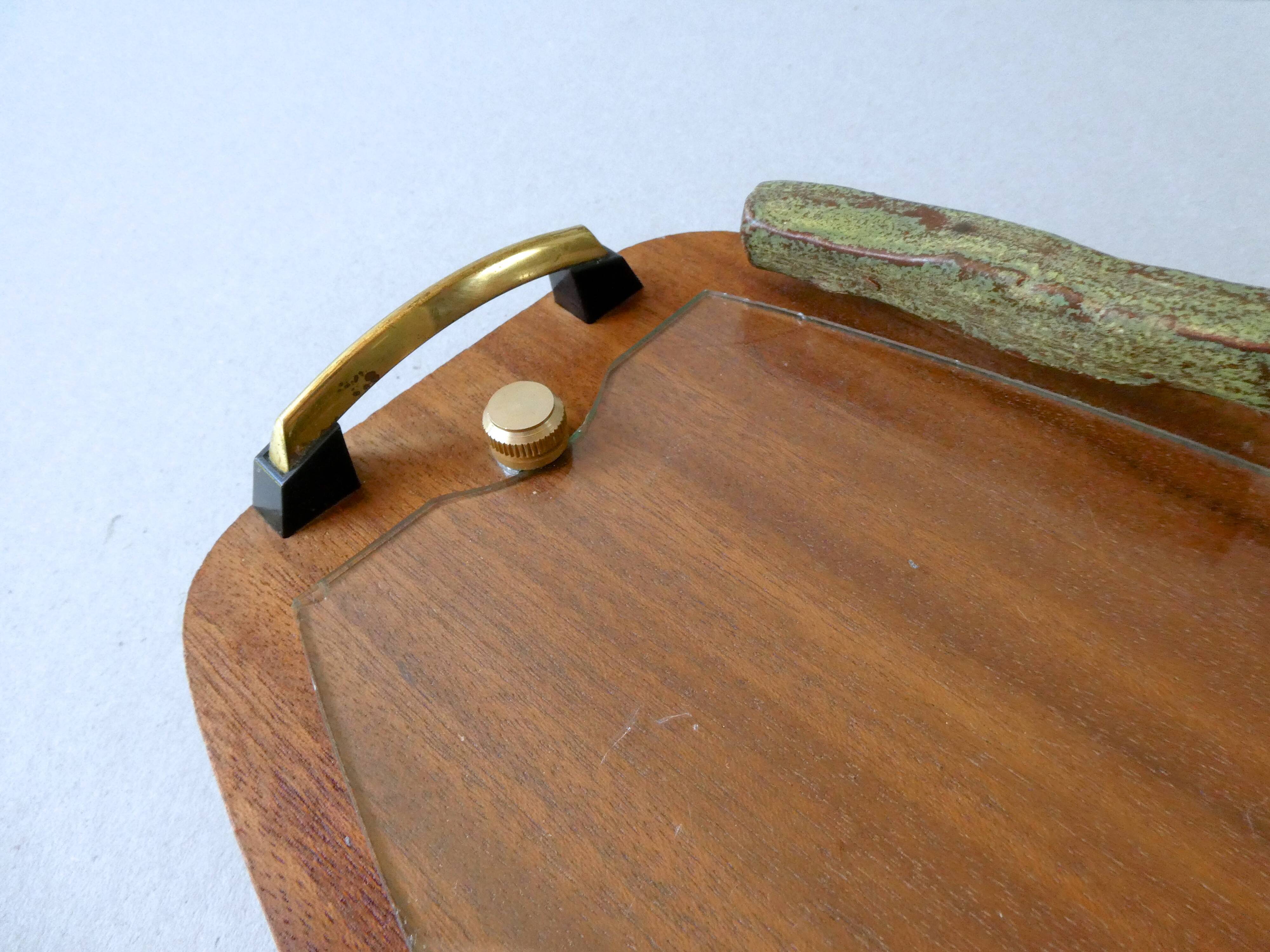 Teak and glass cheese platter, Scandinavian, 60s