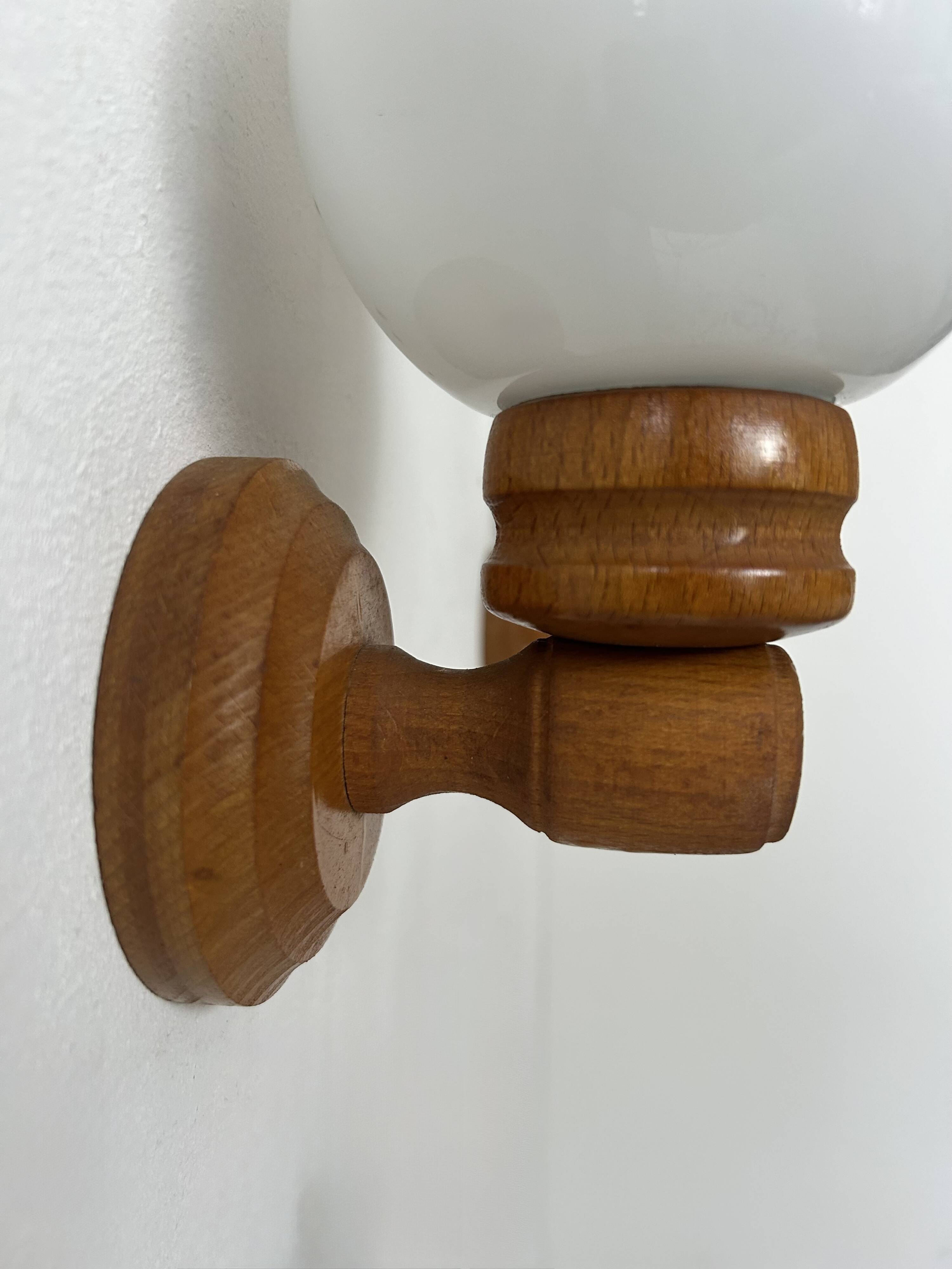 Pair of vintage wall lights, pine and opaline glass, France, 1980