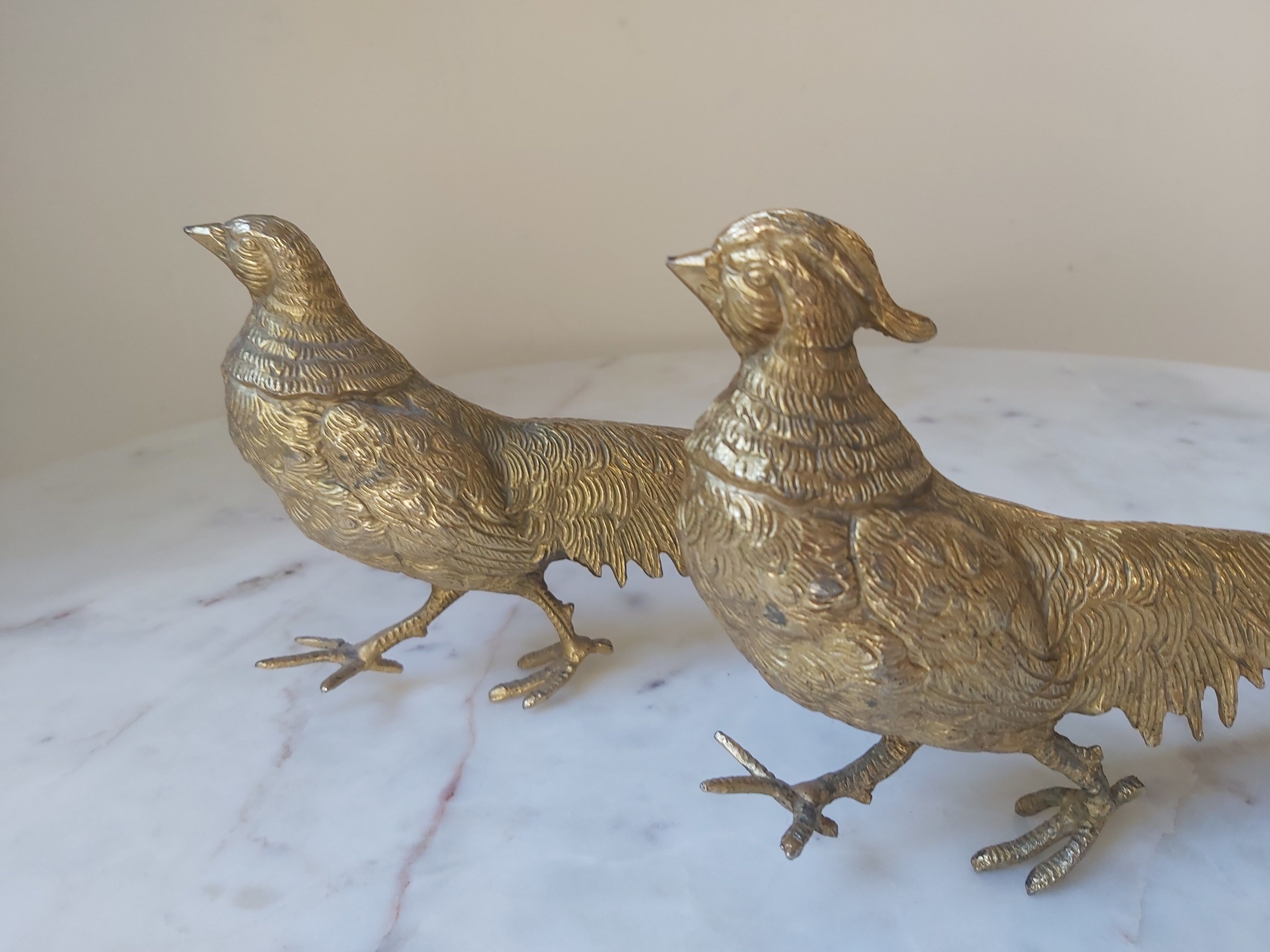 Set of 2 brass sculptures, pheasant couple