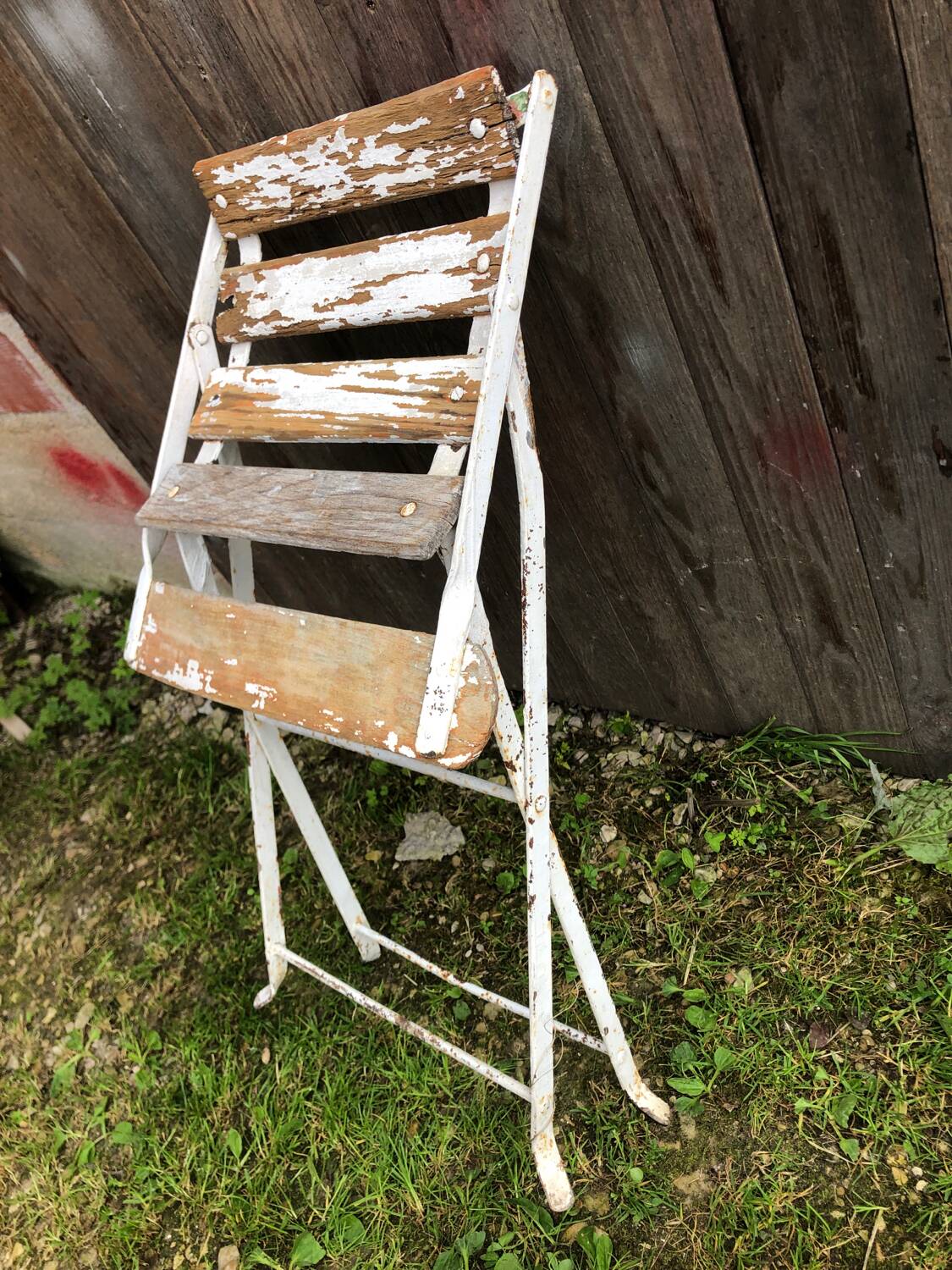 Vintage White Metal & Wood Folding Garden Chair