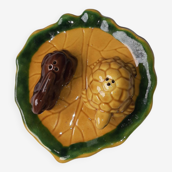 Ceramic salt and pepper tray fables of Lafontaine hare and turtle