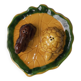 Ceramic salt and pepper tray fables of Lafontaine hare and turtle