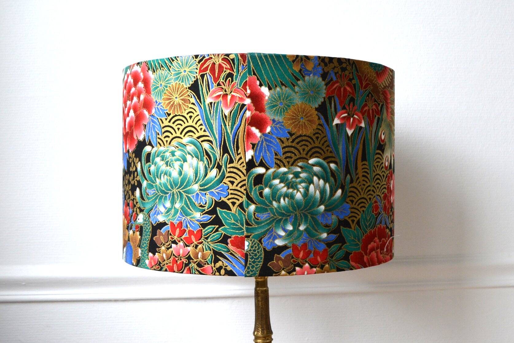 Jouy fabric lampshade, peacock, flowers, gold.