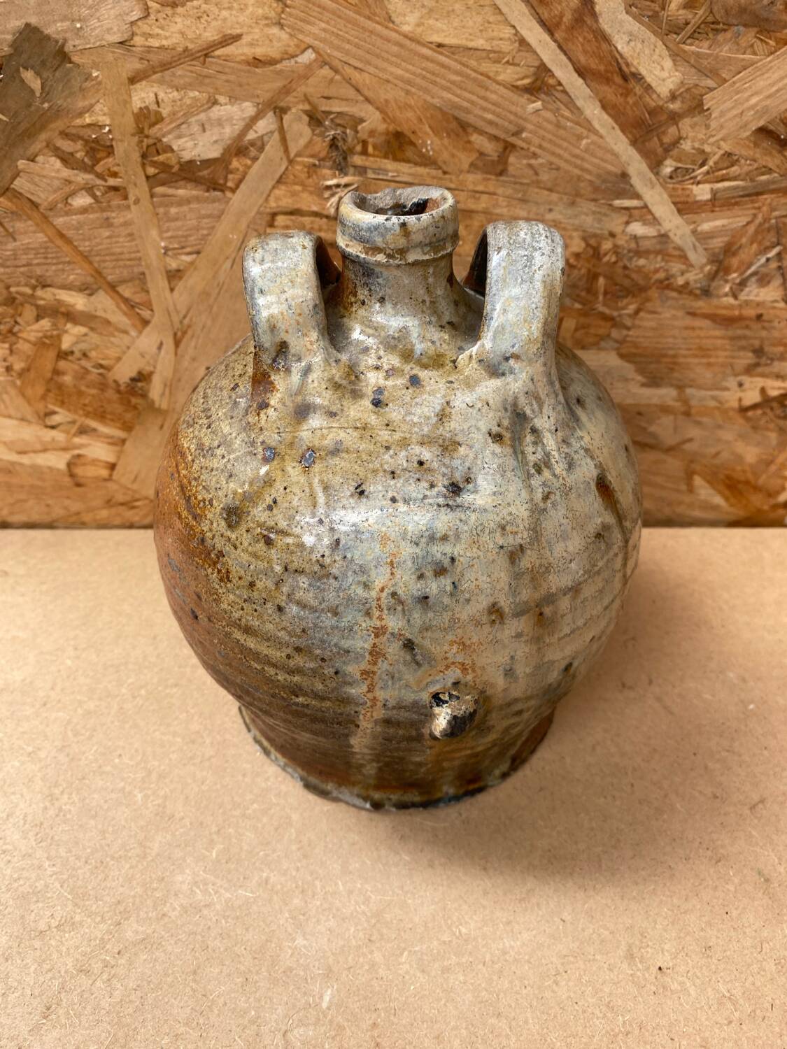 Antique oil jug jar double handle glazed stoneware grey vintage