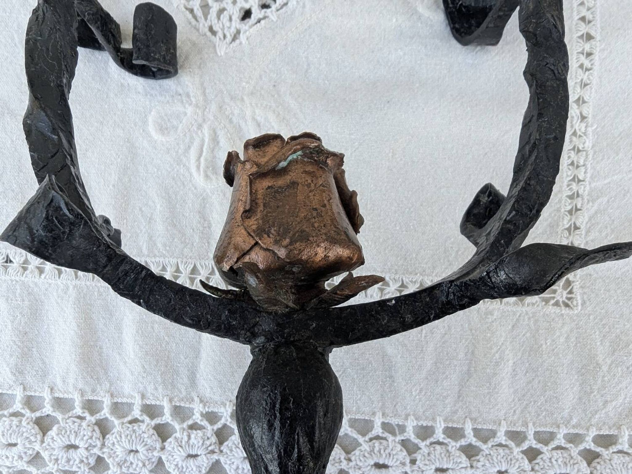 Brutalist Antique Wrought Iron Chandelier Floral Naturalist Candle Holder