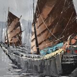 peinture marine voiliers bord de mer en Asie HSP signé