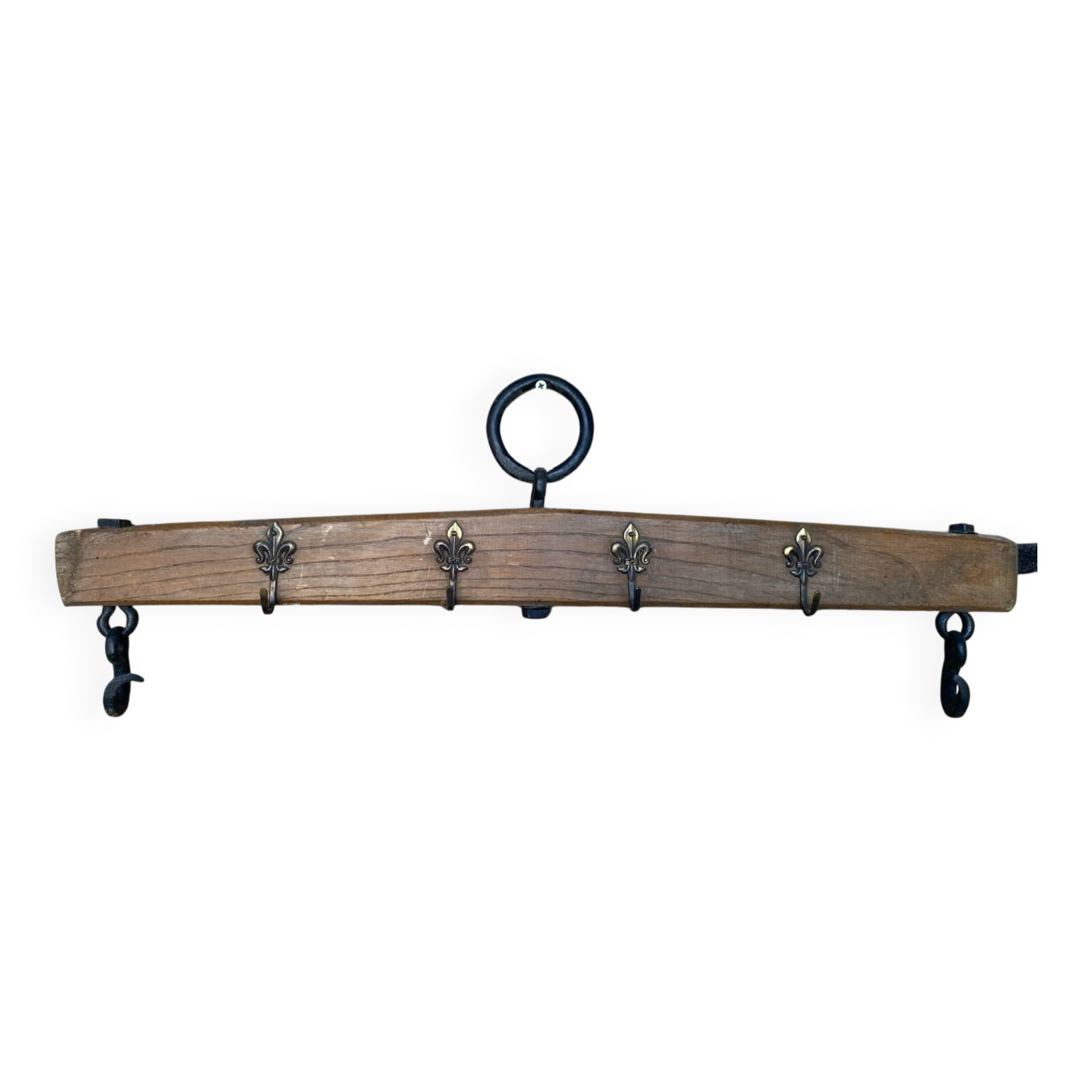 Ancien porte manteau mural palonnier attelage cheval bois + patères métal