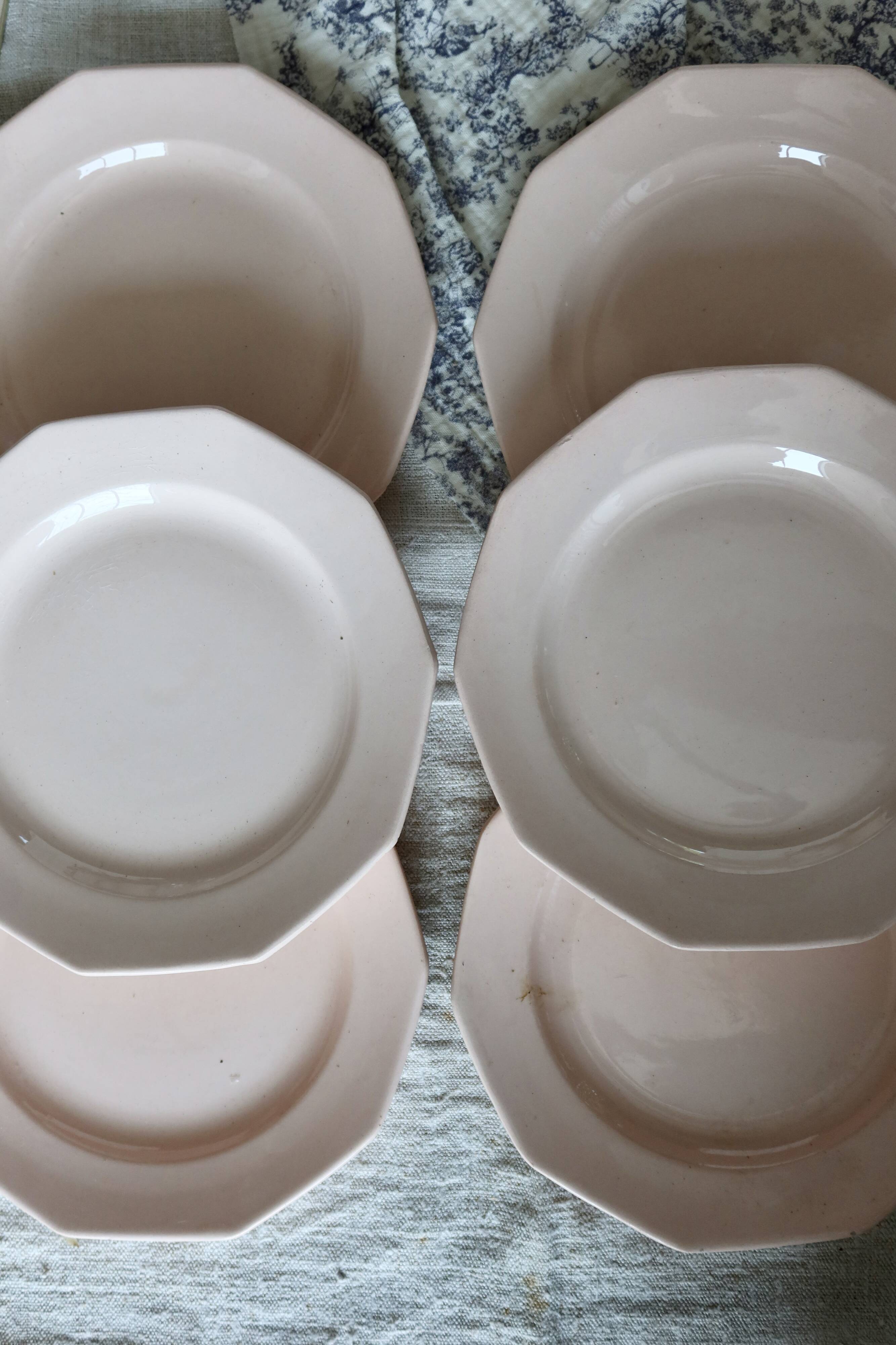 6 assiettes à dessert vintage faïence rose pâle – Forme octogonale