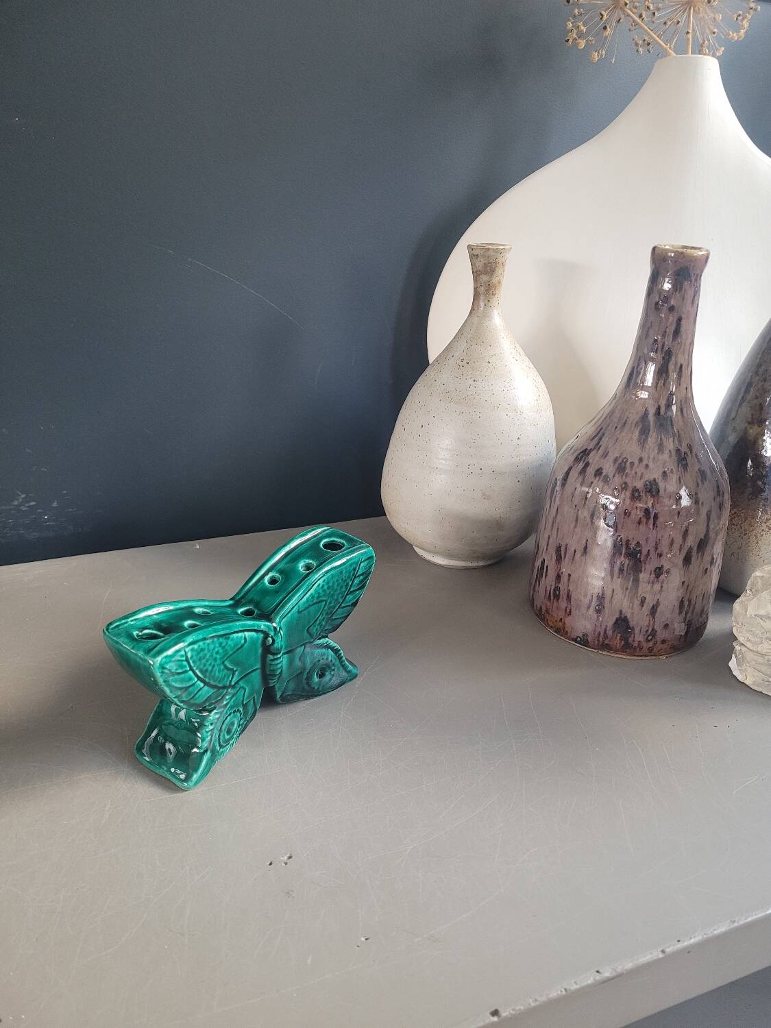 Green glazed ceramic butterfly flower frog