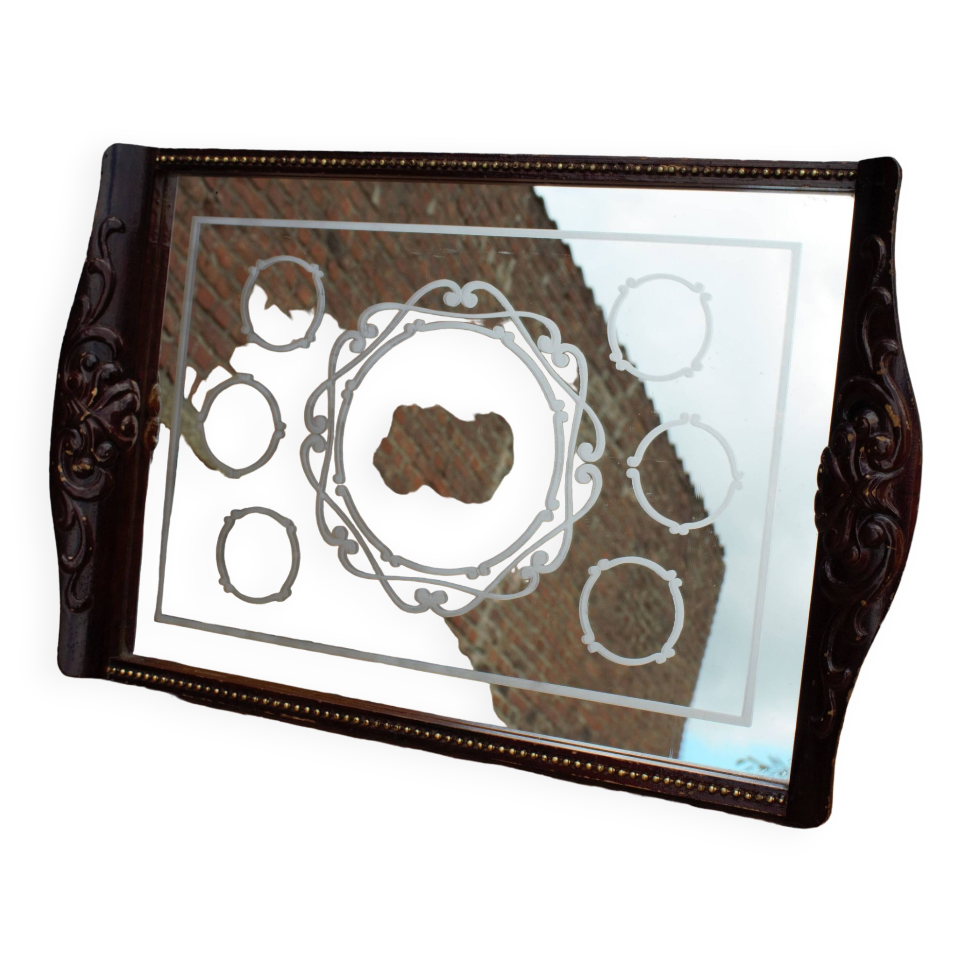 Old wooden tray with sandblasted mirror