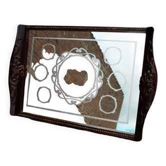 Old wooden tray with sandblasted mirror