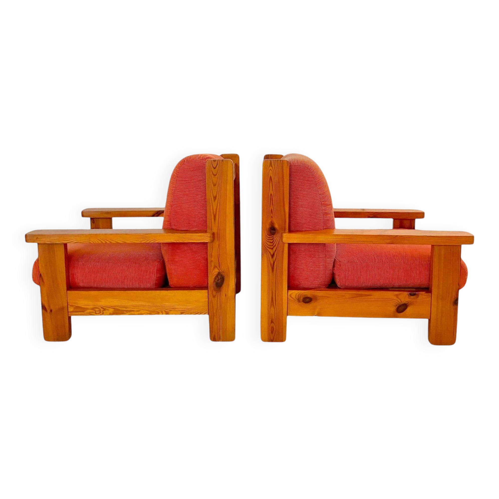 Mid Century Modern Vintage Wood and Red Velvet Armchairs, set of two, Italy 1970