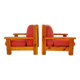 Fauteuils vintage en bois et velours rouge du milieu du siècle, lot de deux, Italie 1970