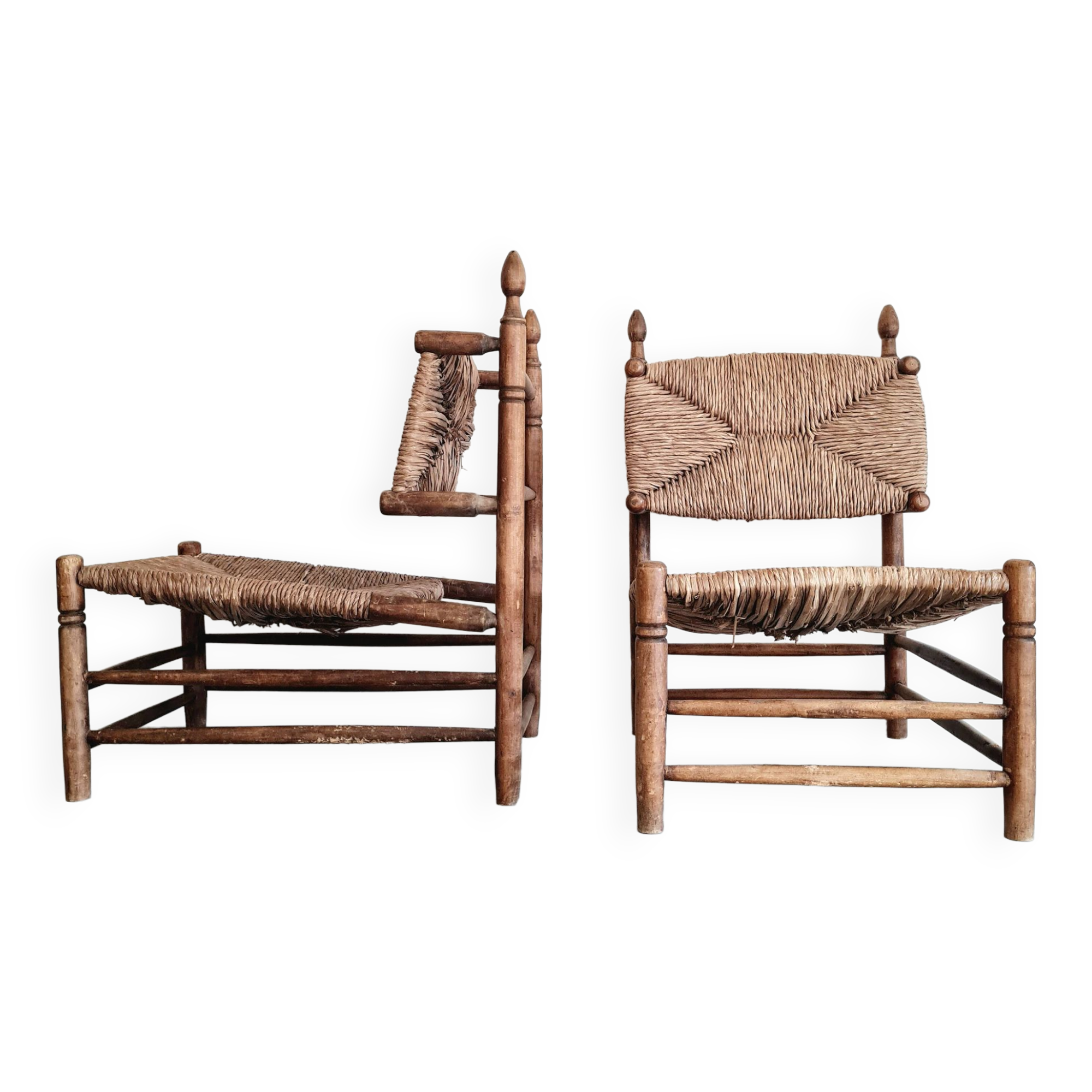 Paire fauteuils en bois et paille