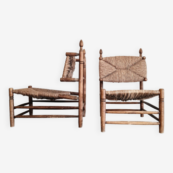 Pair of wooden and straw armchairs